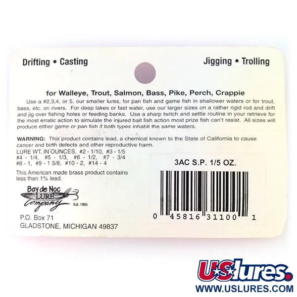   Bay de Noc Swedish Pimple 3, 3/16oz copper fishing spoon #20192