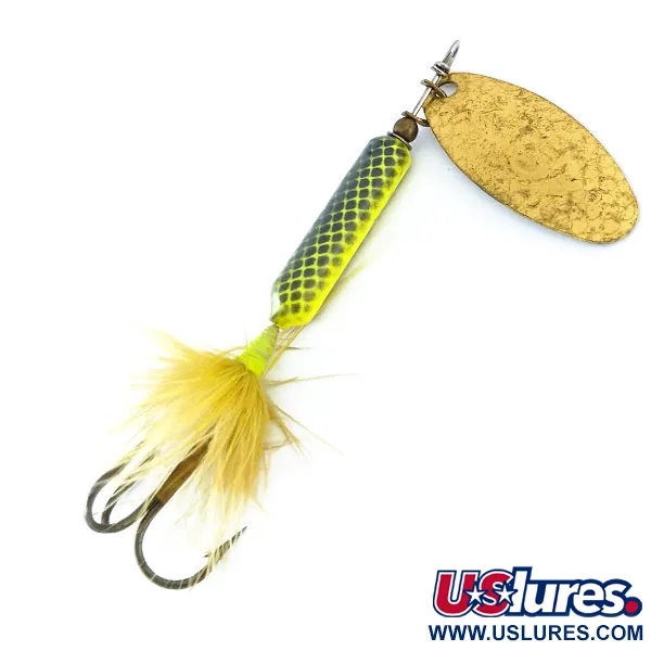 Vintage  Yakima Bait Worden’s Original Rooster Tail, 1/4oz Brass / Green spinning lure #11095