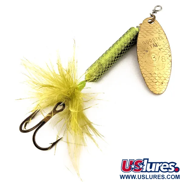 Vintage  Yakima Bait Worden’s Original Rooster Tail UV, 2/5oz Gold / Chartreuse spinning lure #11790