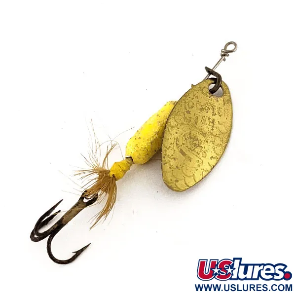 Vintage  Yakima Bait Worden’s Original Rooster Tail, 1/16oz Yellow / Bronze (Brass) spinning lure #12611