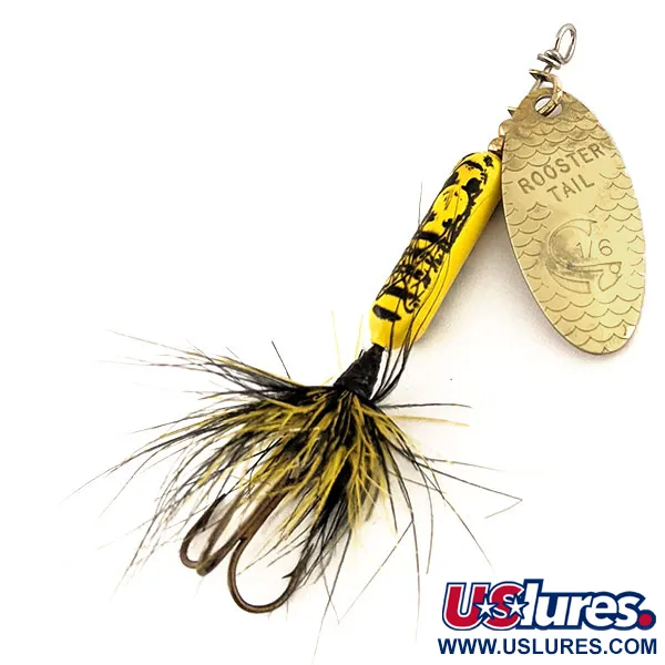 Vintage  Yakima Bait Worden’s Original Rooster Tail, 3/16oz Yellow / Brass spinning lure #12615