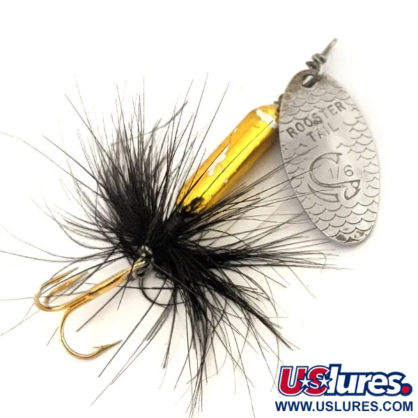 Vintage  Yakima Bait Worden’s Original Rooster Tail, 3/16oz Silver / Gold / Black spinning lure #12630