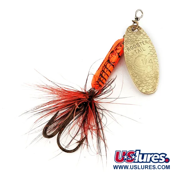 Vintage  Yakima Bait Worden’s Original Rooster Tail, 1/4oz Brass / Orange spinning lure #12634