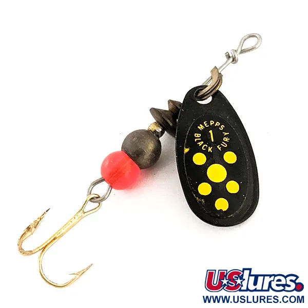 Vintage   Mepps Black Fury 1, 1/8oz Black / Yellow spinning lure #12809