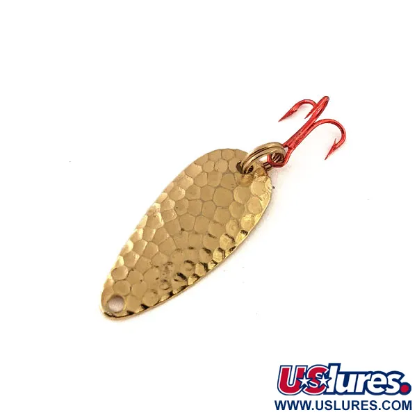 Vintage  Acme Wonderlure , 1/32oz Hammered Gold / Red Treble Hook fishing spoon #12962