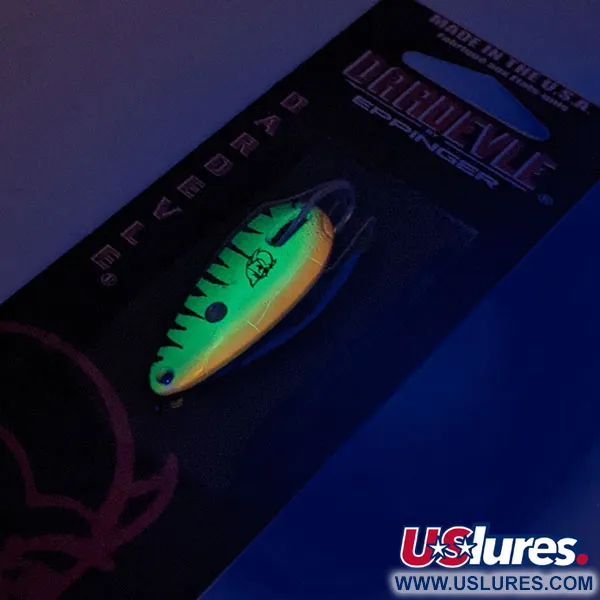  Eppinger Weedless Dardevle Midget UV, 3/16oz Fire Tiger / Brass fishing spoon #13052