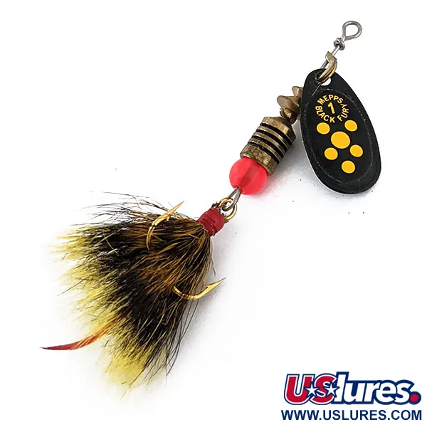 Vintage   Mepps Black Fury 1 Dressed (squirrel tail), 1/8oz Black / Yellow spinning lure #13516