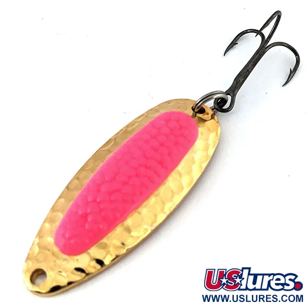 Vintage   Blue Fox Pixee UV, 1/2oz Hammered Gold / Pink UV Glow in UV light, Fluorescent fishing spoon #13833
