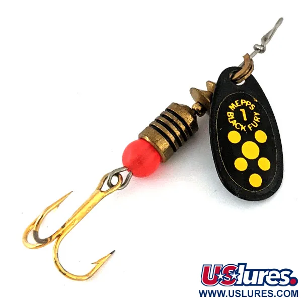 Vintage   Mepps Black Fury 1, 1/8oz Black / Yellow spinning lure #13928