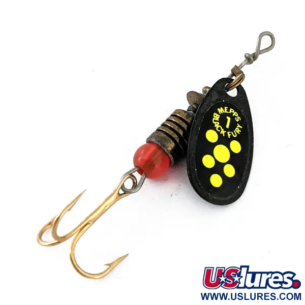 Vintage   Mepps Black Fury 1, 1/8oz Black / Yellow spinning lure #14119