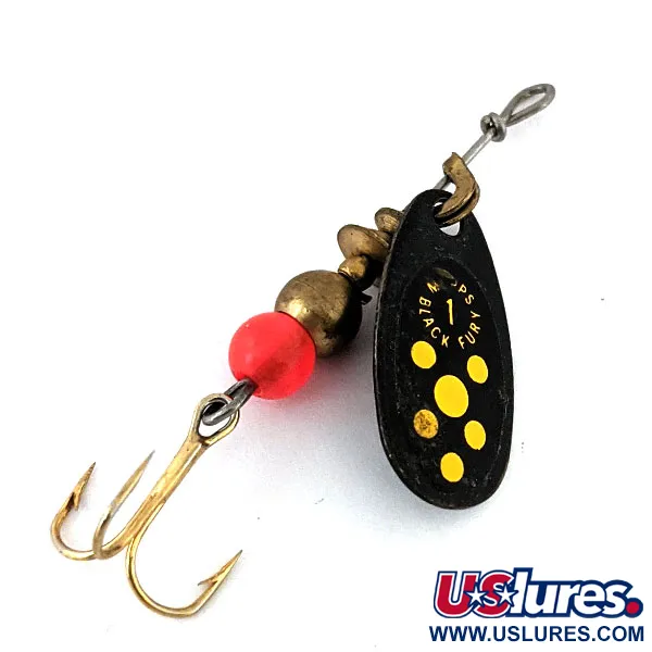 Vintage   Mepps Black Fury 1, 1/8oz Black / Yellow spinning lure #14122