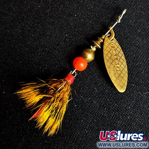 Vintage   Mepps Aglia Long 0 Dressed, 3/32oz Brass spinning lure #14223
