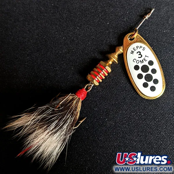 Vintage   Mepps Comet 3 Dressed (squirrel tail), 1/4oz White / Black / Gold spinning lure #14250