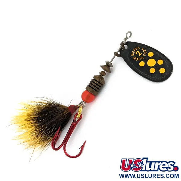 Vintage   Mepps Black Fury 2 Dressed (squirrel tail), 1/8oz Black / Yellow spinning lure #14254