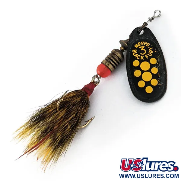 Vintage   Mepps Black Fury 3 Dressed (squirrel tail), 1/4oz Black / Yellow spinning lure #14543