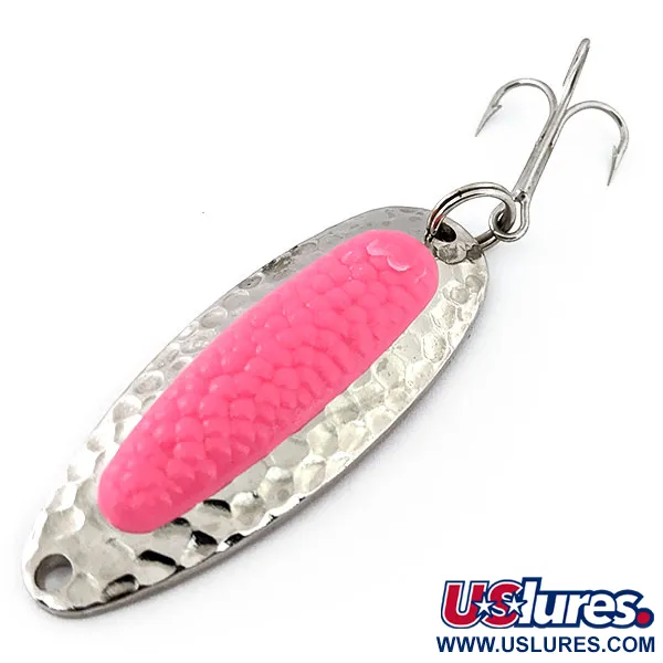 Vintage   Blue Fox Pixee UV, 1/2oz Hammered Nickel / Pink UV Glow in UV light, Fluorescent fishing spoon #14872