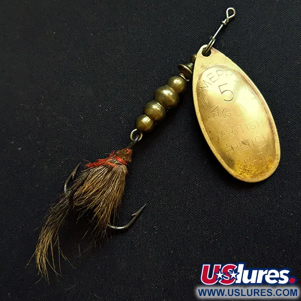 Vintage   Mepps Aglia 5 Dressed (1970s), 1/2oz Brass spinning lure #16823