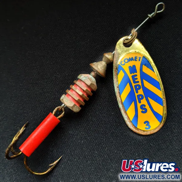 Vintage   Mepps Comet 3, 1/4oz Yellow/blue/brass spinning lure #17083