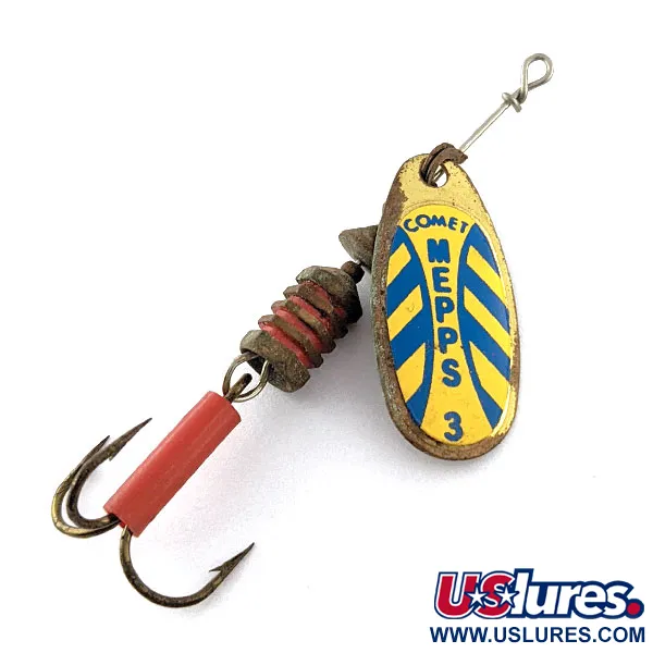 Vintage   Mepps Comet 3, 1/4oz Yellow/blue/brass spinning lure #17083