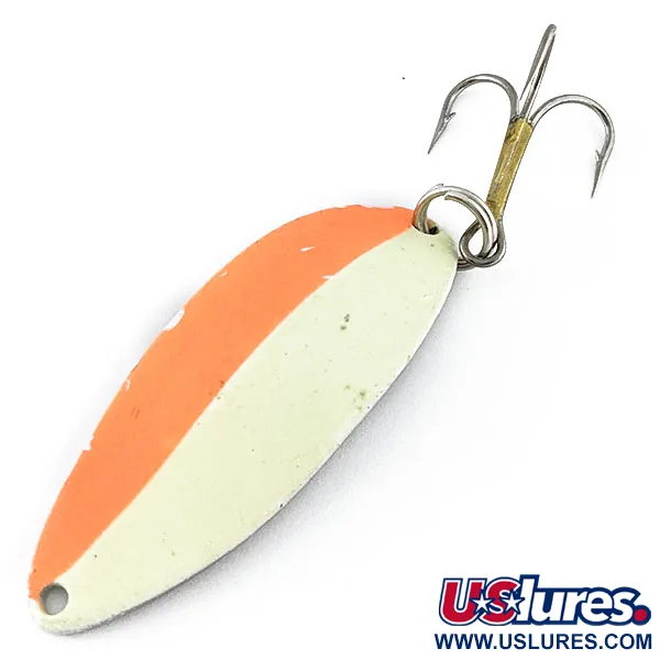 Vintage  Seneca Little Cleo (Hula Girl) Glow, 1/2oz nickel/orange/white Glow fishing spoon #18538