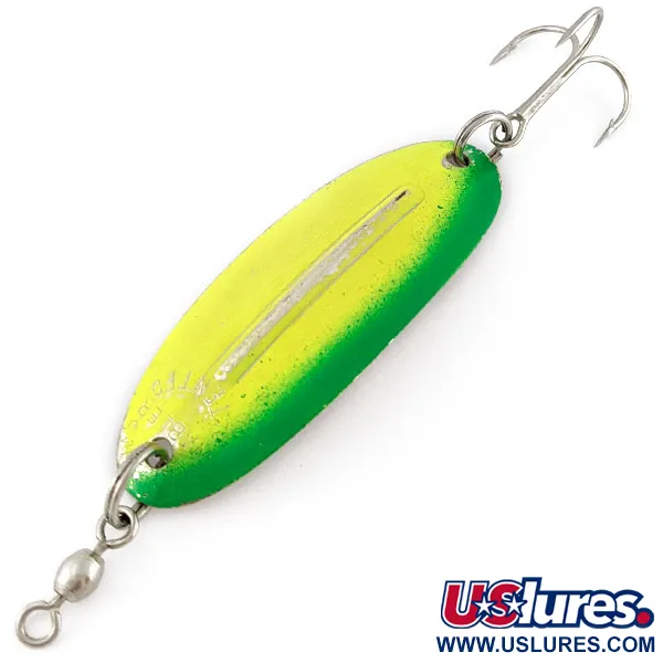 Vintage   Williams Wabler W50, 1/2oz nickel/yellow/green UV fishing spoon #18774