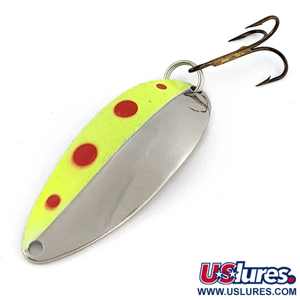 Vintage  Acme Little Cleo (Hula Girl), 1/2oz nickel/yellow/red UV fishing spoon #18805