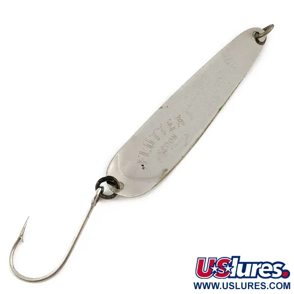 Vintage   Luhr Jensen Flutter 44 Glow, 3/16oz nickel/white/green Glow fishing spoon #19361