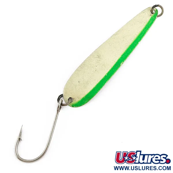 Vintage   Luhr Jensen Flutter 44 Glow, 3/16oz nickel/white/green Glow fishing spoon #19361