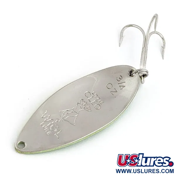 Vintage  Seneca Little Cleo (Hula Girl) UV, 3/4oz nickel/yellow/green UV fishing spoon #19385