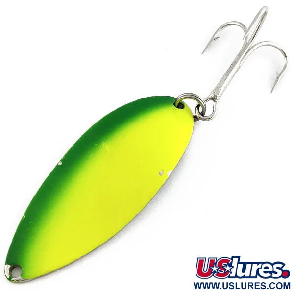 Vintage  Seneca Little Cleo (Hula Girl) UV, 3/4oz nickel/yellow/green UV fishing spoon #19385