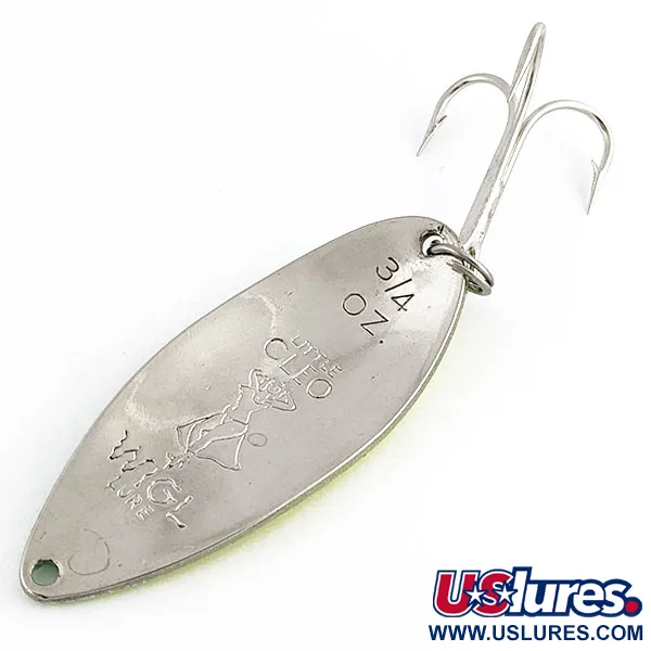 Vintage  Seneca Little Cleo (Hula Girl) UV, 3/4oz yellow/green/nickel UV fishing spoon #19555