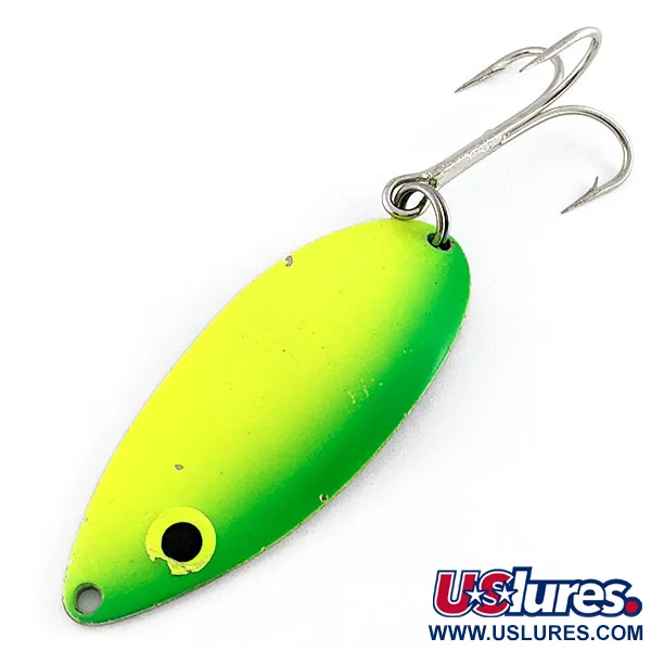Vintage  Seneca Little Cleo (Hula Girl) UV, 3/4oz yellow/green/nickel UV fishing spoon #19555