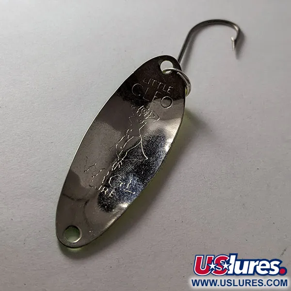 Vintage  Seneca Flutter Cleo (Hula Girl), 1/8oz nickel/yellow/green UV fishing spoon #19566