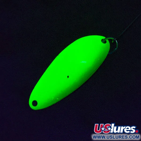 Vintage  Seneca Flutter Cleo (Hula Girl), 1/8oz nickel/yellow/green UV fishing spoon #19566