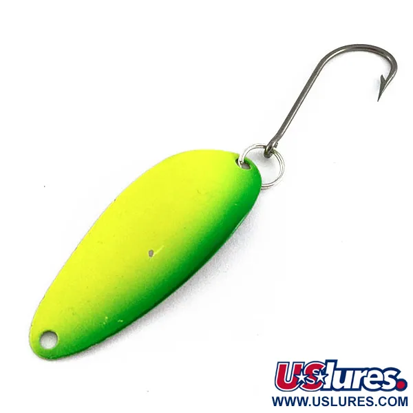 Vintage  Seneca Flutter Cleo (Hula Girl), 1/8oz nickel/yellow/green UV fishing spoon #19566