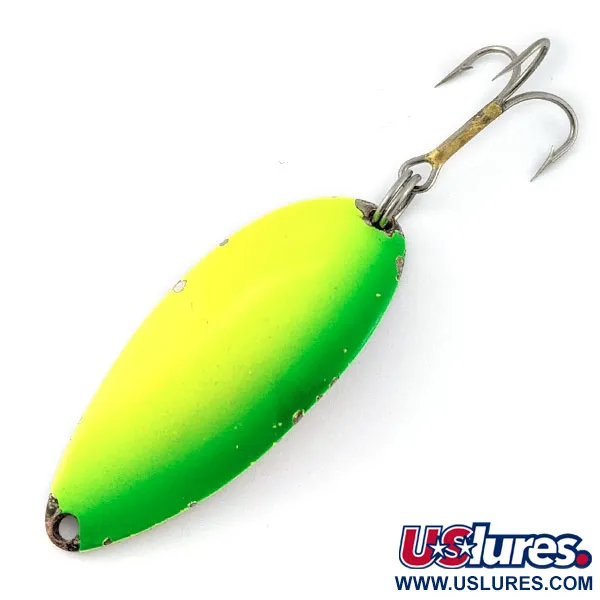 Vintage  Seneca Little Cleo (Hula Girl) UV, 3/5oz nickel/yellow/green UV fishing spoon #19889