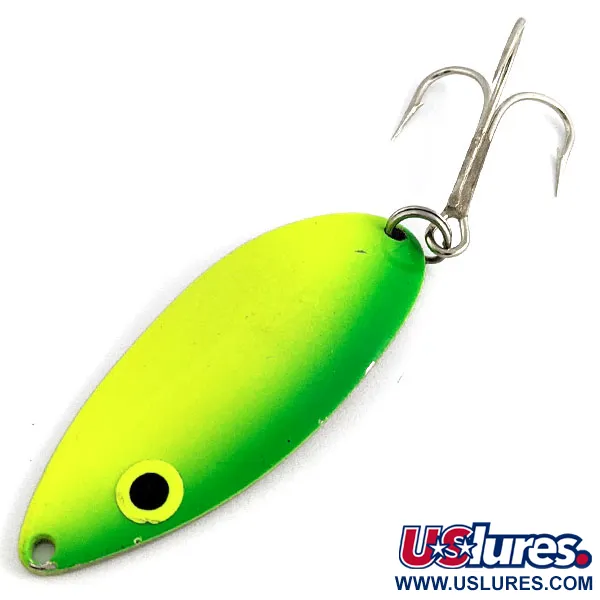 Vintage  Seneca Little Cleo (Hula Girl) UV, 3/4oz nickel/yellow/green UV fishing spoon #19939