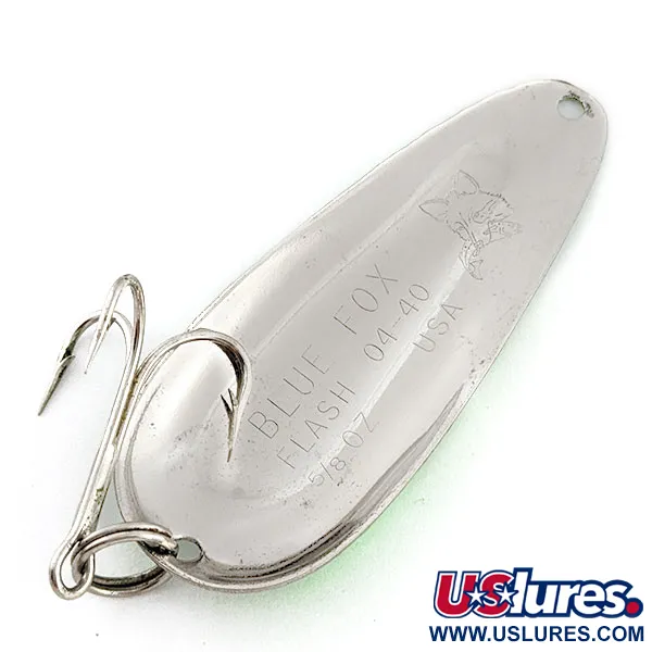 Vintage   Blue Fox Flash 04-40, 3/5oz nickel/green UV fishing spoon #20069