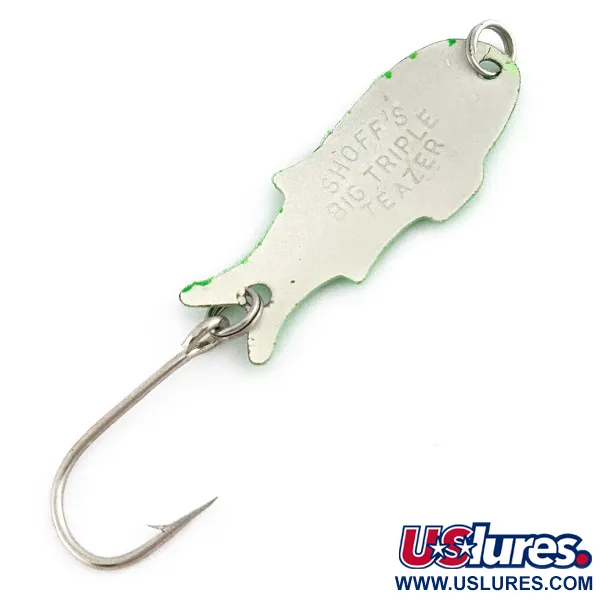 Vintage   Shoff's Big Triple Teazer, 1/16oz green/white pearl fishing spoon #22491