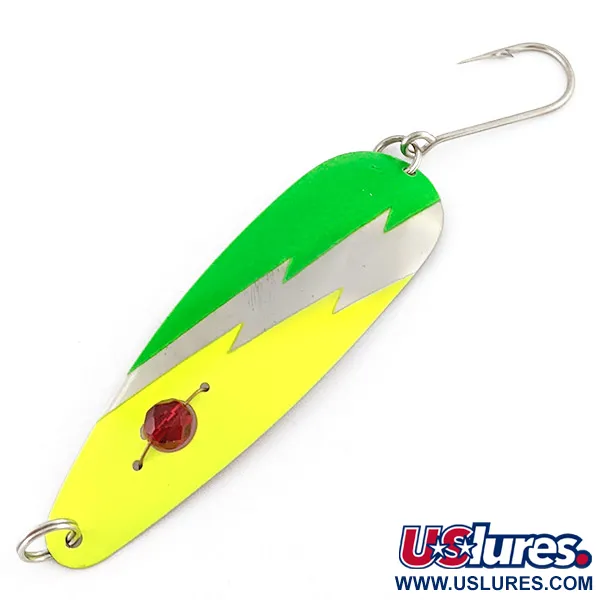 Vintage  Red Eye Lures Red Eye Evil Eye, 1/3oz yellow/green/nickel fishing spoon #23219