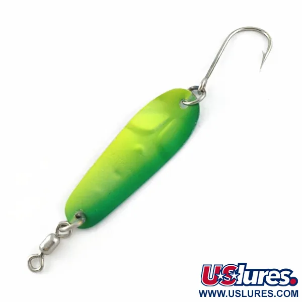 Vintage  Luhr Jensen Tom Mack #4, 1/4oz green/yellow fishing spoon #23685