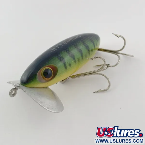 Vintage   Fred Arbogast Jitterbug Early Bug Eye​ (1960s), 1/2oz Green tiger fishing lure #23902