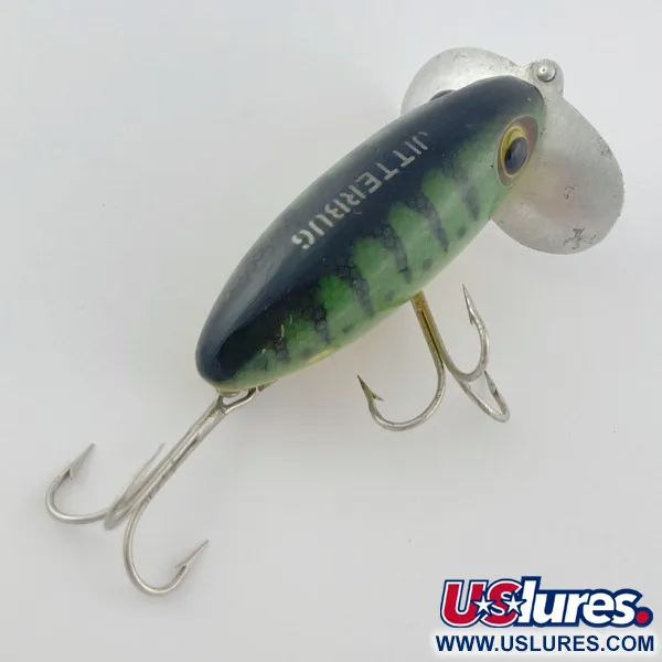 Vintage   Fred Arbogast Jitterbug Early Bug Eye​ (1960s), 1/2oz Green tiger fishing lure #23902