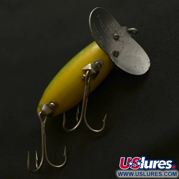 Vintage   Fred Arbogast Jitterbug Early Bug Eye​ (1960s), 1/2oz Green tiger fishing lure #23902