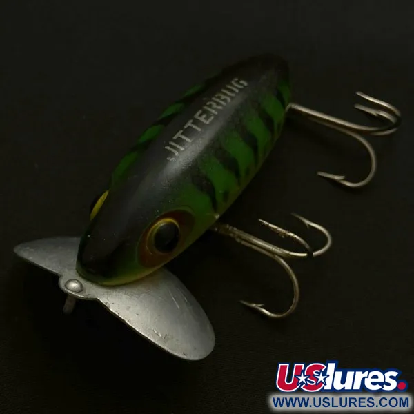 Vintage   Fred Arbogast Jitterbug Early Bug Eye​ (1960s), 1/2oz Green tiger fishing lure #23902