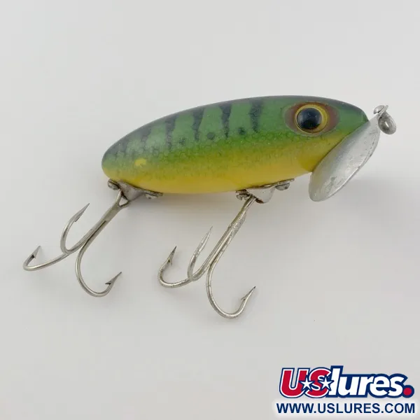 Vintage   Fred Arbogast Jitterbug Early Bug Eye​ (1960s), 1/2oz Green tiger fishing lure #23902