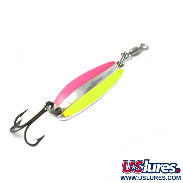 Vintage  Luhr Jensen Krocodile, 1/3oz Nickel / Yellow / Pink fishing spoon #0437