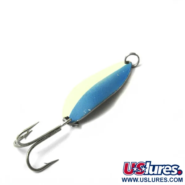 Vintage  Seneca Little Cleo (Hula Girl) Glow, 2/3oz White / Blue fishing spoon #0447