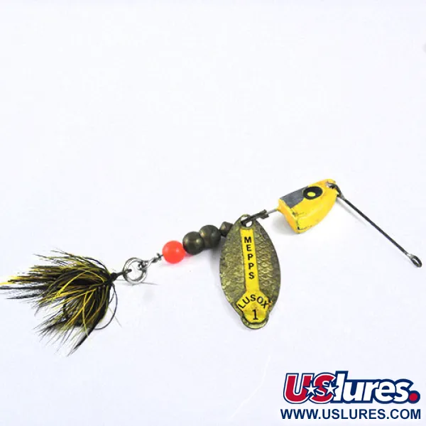 Vintage   Mepps Lusox 1, 2/5oz Brass / Yellow spinning lure #0716