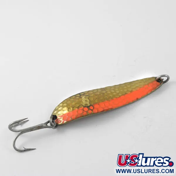 Vintage  Luhr Jensen Krocodile Die #4, 3/5oz Hammered Brass / Orange fishing spoon #1191